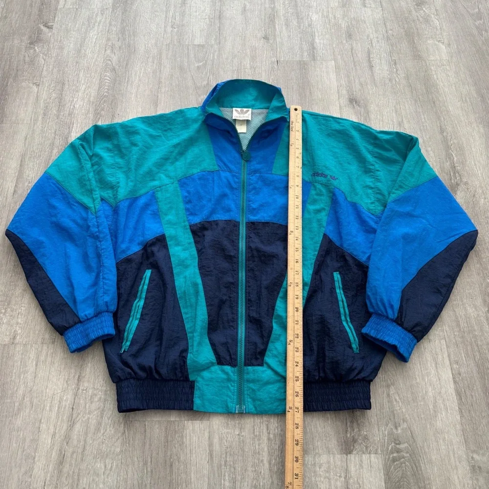 Vintage 80's Adidas Colorblock Track Jacket Mens Medium Teal Blue Windbreaker